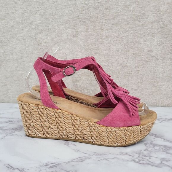 Minnetonka Pink Suede Fringe Platform Wedge Sandals Women's Size 9 - Picture 1 of 14
